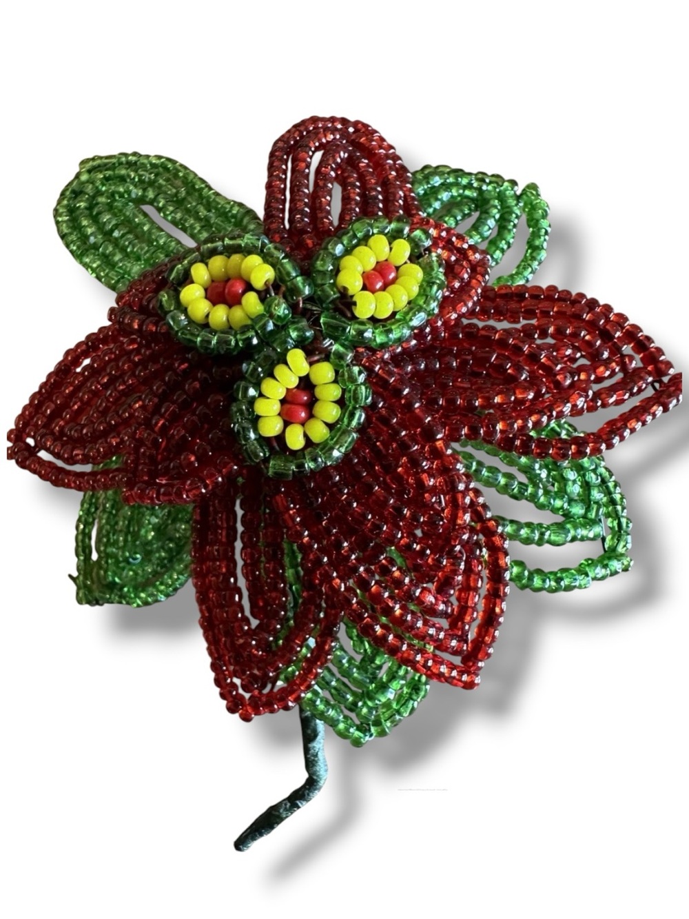 VTG Handmade Beaded Poinsettia Brooch Pin Christmas Holiday Yuletide Chic
